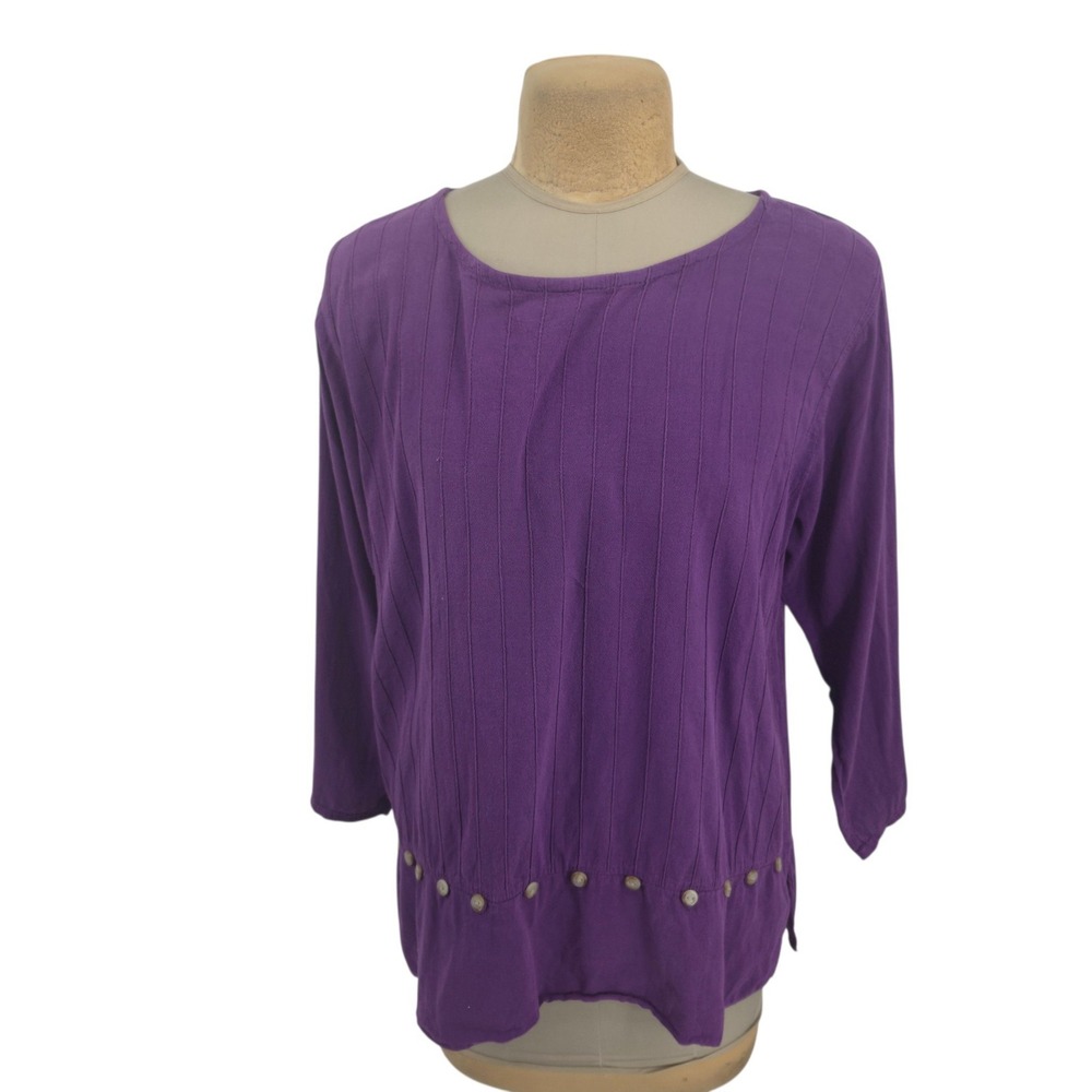 Eucalyptus Blouse Women XL Purple Cotton Pintuck Button Hem Artisan Guatemala